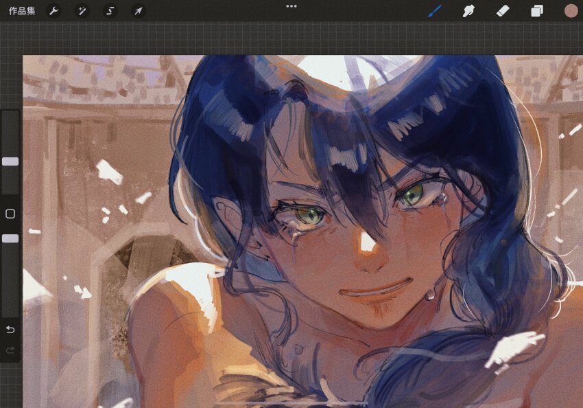 1girl amo_(amo_0514) angry armpit_crease art_program_in_frame bare_shoulders black_hair blush chinese_commentary collarbone commentary_request crying crying_with_eyes_open day double-parted_bangs fumetsu_no_anata_e green_eyes hair_between_eyes hair_over_shoulder head_tilt highres long_hair looking_at_viewer outdoors parona parted_lips portrait procreate_(software) solo sunlight tears user_interface v-shaped_eyebrows
