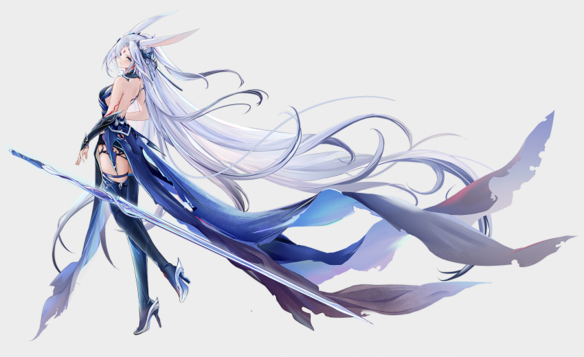 1girl absurdres alternate_costume animal_ears azur_lane backless_dress backless_outfit banchiyuebai blue_boots blue_dress blue_eyes boots commentary_request dress floating_hair from_behind full_body highres hiryuu_(azur_lane) hiryuu_(meta)_(azur_lane) long_hair looking_at_viewer looking_back pelvic_curtain rabbit_ears rabbit_girl simple_background sleeveless sleeveless_dress solo standing standing_on_one_leg thigh_boots very_long_hair white_background white_hair