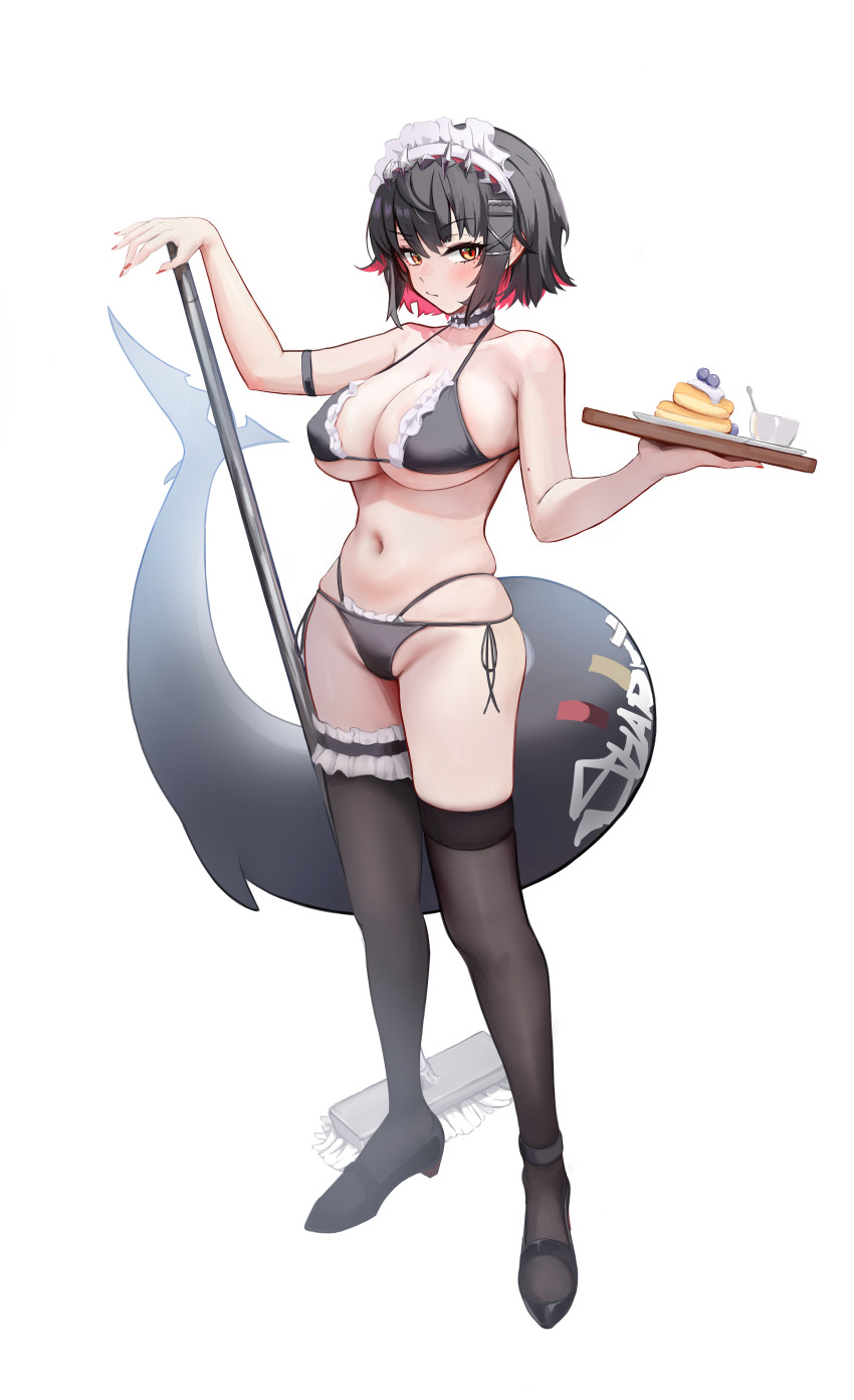 1girl :/ absurdres alternate_costume bikini black_bikini black_footwear black_hair black_thighhighs breasts choker collarbone colored_inner_hair ellen_joe fins fish_tail frilled_bikini frilled_choker frilled_thigh_strap frills full_body high_heels highres holding holding_mop holding_plate large_breasts looking_at_viewer maid maid_bikini maid_headdress metal_hairband mop multicolored_hair navel plate red_eyes red_hair red_nails shark_girl shark_tail short_hair sidelocks solo stomach swimsuit tail thigh_strap thighhighs unconventional_maid usagol7 zenless_zone_zero