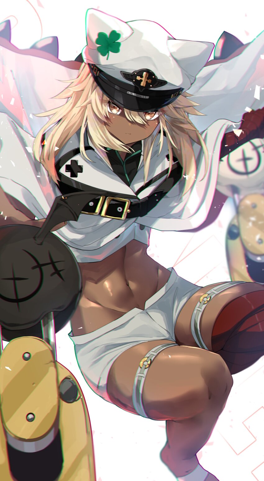 1girl absurdres bandaged_arm bandages blonde_hair clover dark-skinned_female dark_skin floating floating_object floating_sword floating_weapon four-leaf_clover guilty_gear guilty_gear_strive highres kamiya_mitobe long_hair looking_at_viewer lucifero_(guilty_gear) navel orange_eyes ramlethal_valentine red_bandage short_shorts shorts sword thigh_strap weapon white_headwear white_shorts