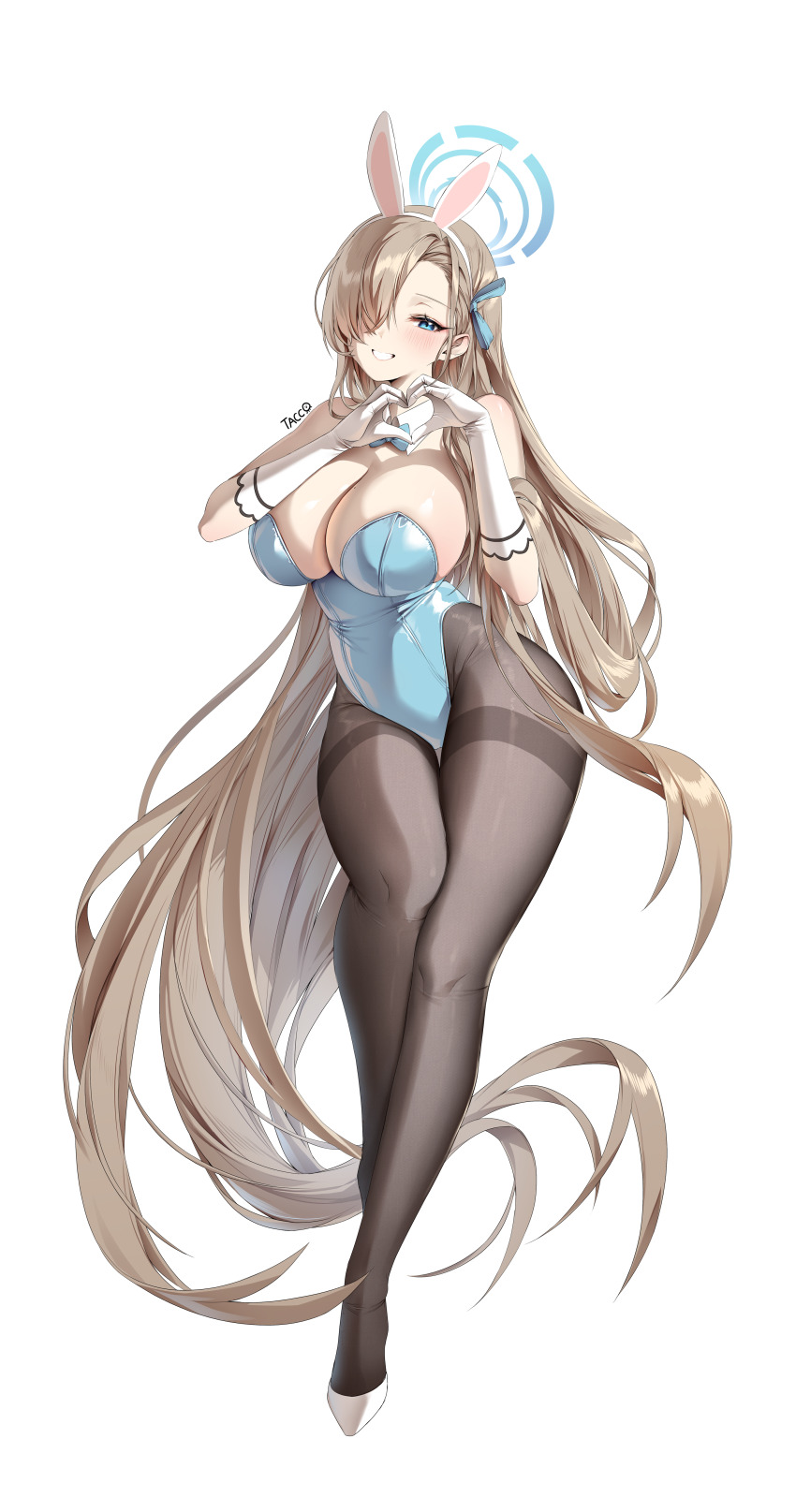 1girl absurdly_long_hair absurdres animal_ears asuna_(blue_archive) asuna_(bunny)_(blue_archive) blue_archive blue_halo blue_leotard blue_ribbon breasts brown_hair brown_pantyhose fake_animal_ears full_body hair_over_one_eye hair_ribbon halo highres large_breasts leotard long_hair looking_at_viewer official_alternate_costume pantyhose playboy_bunny rabbit_ears ribbon simple_background solo tacco_(tikeworld) very_long_hair white_background