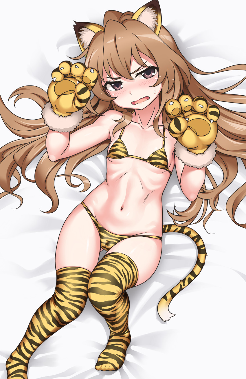 1girl absurdres aisaka_taiga animal_ears animal_hands animal_print bed_sheet bikini blush brown_hair collarbone gloves hair_between_eyes highres long_hair looking_at_viewer lying navel on_back open_mouth paw_gloves print_bikini print_thighhighs solo sweatdrop swimsuit tail thighhighs tiger_ears tiger_print tiger_tail toradora! youkan