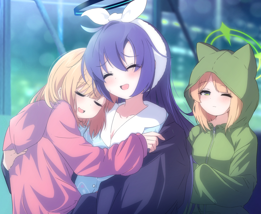 3girls ^_^ alternate_costume animal_ear_hood animal_print blonde_hair blue_archive blue_hair blue_jacket blue_pajamas blurry blurry_background building carrying carrying_person cat_print closed_eyes fake_animal_ears green_eyes green_halo green_hoodie halo headscarf highres hood hoodie indoors jacket kaine_(gupisgood) long_hair mechanical_halo midori_(blue_archive) momoi_(blue_archive) multiple_girls night pajamas pink_hoodie siblings sisters skyscraper sleeping smile sweat twins white_headscarf window yuuka_(blue_archive) yuuka_(pajamas)_(blue_archive) zipper