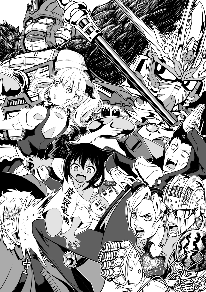 4boys 5girls absurdres beast_wars beast_wars:_transformers character_request collarbone copyright_request crossover dark-skinned_female dark_skin double_bun draluc_(kyuuketsuki_sugu_shinu) dress greyscale gundam hair_bun highres holding holding_tray horns jahy jahy-sama_wa_kujikenai! jojo_no_kimyou_na_bouken kamizono_(spookyhouse) kuujou_jolyne kyuuketsuki_sugu_shinu looking_up maid_headdress maximal mecha monochrome multiple_boys multiple_crossover multiple_girls off_shoulder open_mouth optimus_primal parted_lips pipimi pointy_ears poptepipic popuko robot ronaldo_(kyuuketsuki_sugu_shinu) sd_gundam sd_gundam_world_heroes stand_(jojo) stone_free stone_ocean sweater transformers tray twintails v-shaped_eyebrows wukong_impulse_gundam