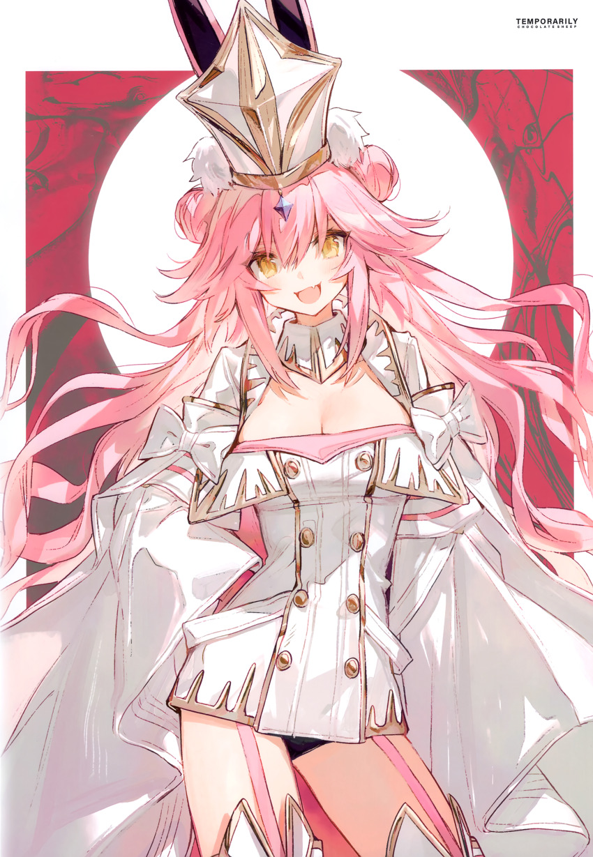 1girl absurdres blush boots breasts chocoan cleavage cleavage_cutout clothing_cutout comiket_99 double_bun dress fate/grand_order fate_(series) garter_straps hair_bun hat highres koyanskaya_(assassin)_(third_ascension)_(fate) koyanskaya_(fate) long_hair looking_at_viewer open_mouth pink_hair scan sidelocks smile solo tamamo_(fate) thigh_boots white_dress white_hat yellow_eyes