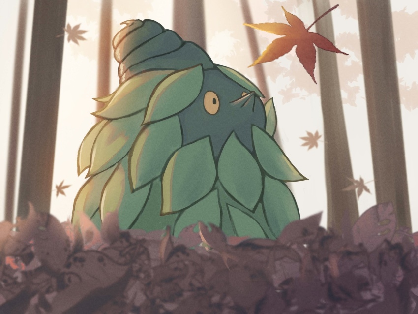 autumn autumn_leaves burmy burmy_(plant) commentary_request day from_below gen_4_pokemon highres leaf looking_up luna_mokamoka nintendo no_humans outdoors pokemon pokemon_(creature) solo tree yellow_eyes