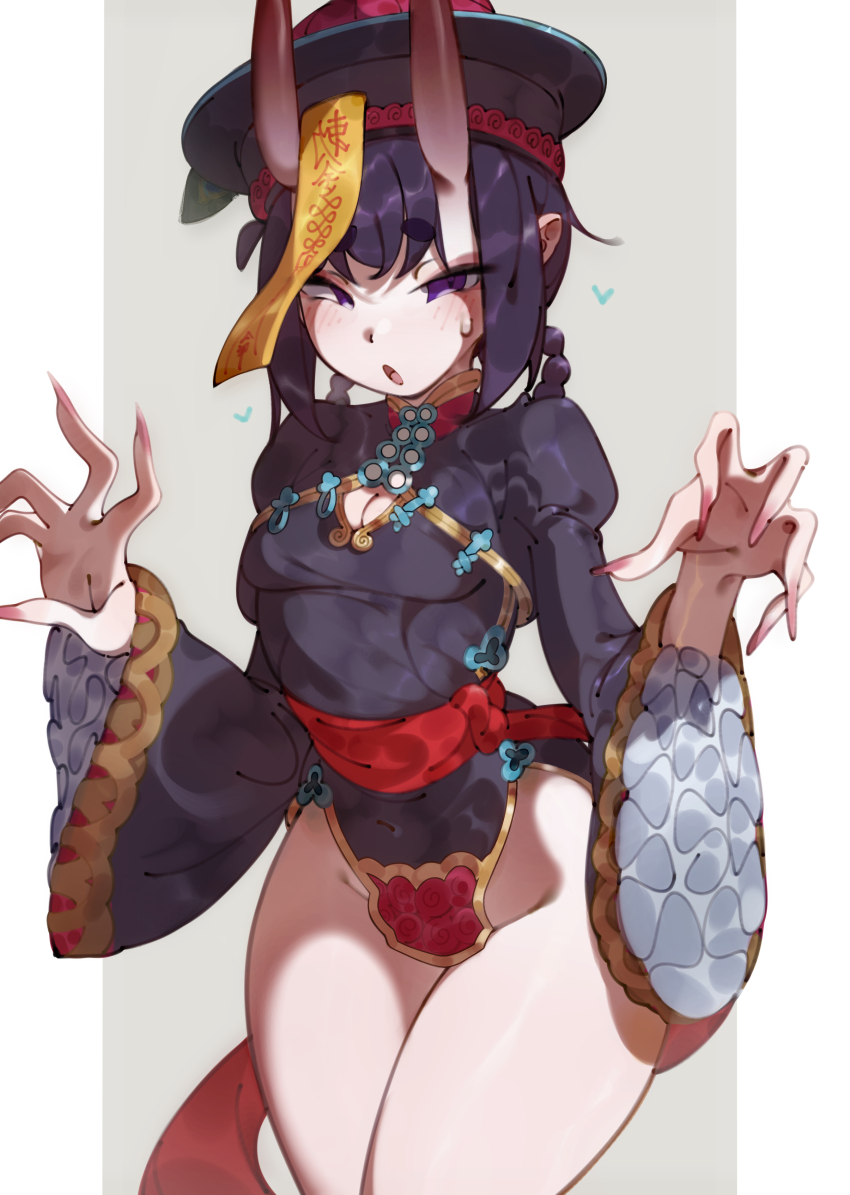 1girl absurdres black_dress black_hat braid breasts china_dress chinese_clothes cleavage_cutout clothing_cutout deko_morii dress eyeliner fate/grand_order fate_(series) frills hair_rings hat highres horns jiangshi long_sleeves looking_at_viewer makeup nail_polish ofuda oni open_mouth peacock_feathers pelvic_curtain pointy_ears purple_eyes purple_hair qingdai_guanmao revision short_hair shuten_douji_(fate) shuten_douji_(festival_outfit)_(fate) skin-covered_horns small_breasts solo talisman thighs twin_braids wide_hips wide_sleeves