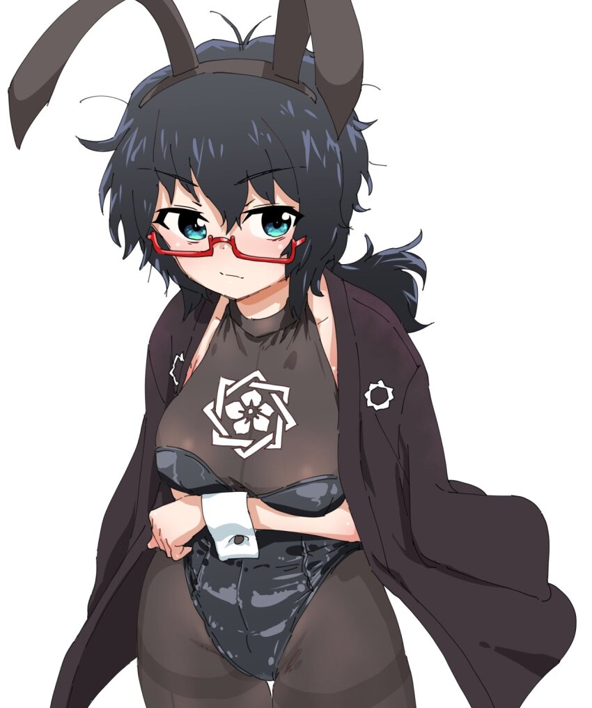 1girl animal_ears black_hair black_leotard black_pantyhose blue_eyes blush breasts closed_mouth fake_animal_ears girls_und_panzer glasses highres large_breasts leotard looking_at_viewer monolith_(suibou_souko) oryou_(girls_und_panzer) pantyhose rabbit_ears short_hair simple_background solo white_background wrist_cuffs