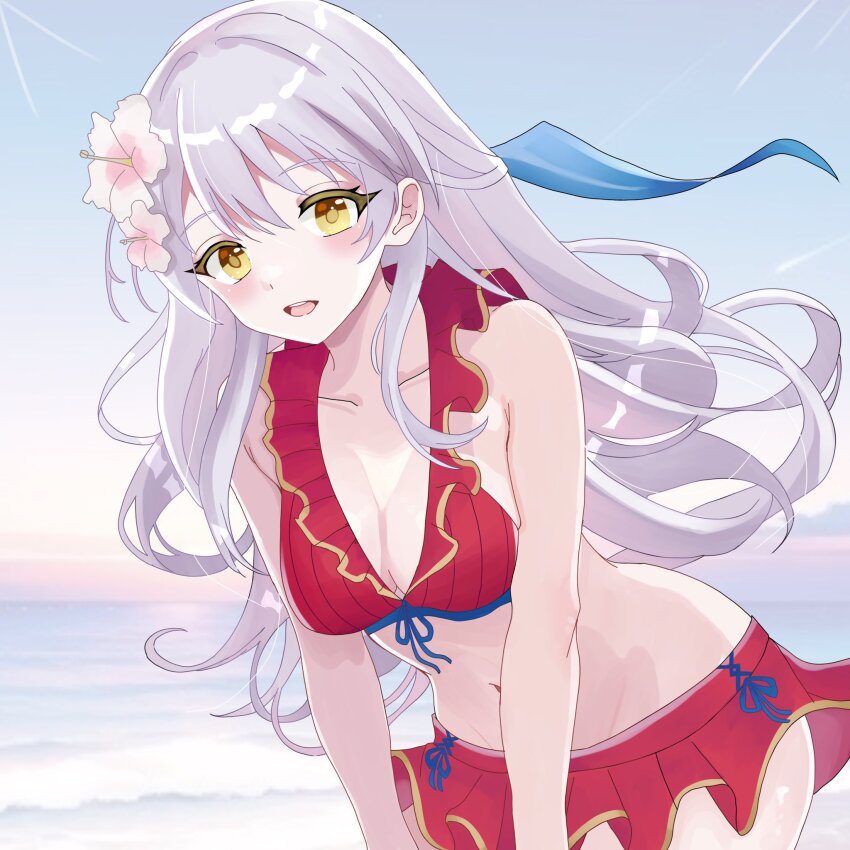 1girl armpit_crease bikini breasts cleavage collarbone commentary_request fire_emblem fire_emblem:_radiant_dawn fire_emblem_heroes flower grey_hair groin hair_between_eyes hair_flower hair_ornament highres horizon long_hair looking_at_viewer loose_hair_strand medium_breasts micaiah_(fire_emblem) micaiah_(wavecrest_maiden)_(fire_emblem) n_54 navel nintendo official_alternate_costume open_mouth red_bikini smile solo swimsuit yellow_eyes yellow_pupils