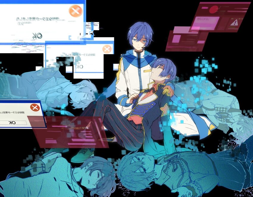 25-ji_kaito 6+boys asd_yoshi black_background blue_eyes blue_hair blue_scarf closed_eyes closed_mouth clothing_cutout coat digital_dissolve epaulettes error_message fake_facial_hair fake_mustache highres kaito_(vocaloid) leo/need_kaito light_smile long_sleeves male_focus more_more_jump!_kaito multiple_boys multiple_persona on_floor pants pink_shirt project_sekai scarf see-through_scarf shaded_face shirt short_hair star_cutout striped_clothes striped_pants striped_shirt unconscious vertical-striped_clothes vertical-striped_pants vertical-striped_shirt vivid_bad_squad_kaito vocaloid white_coat window_(computing) wonderlands_x_showtime_kaito zipper