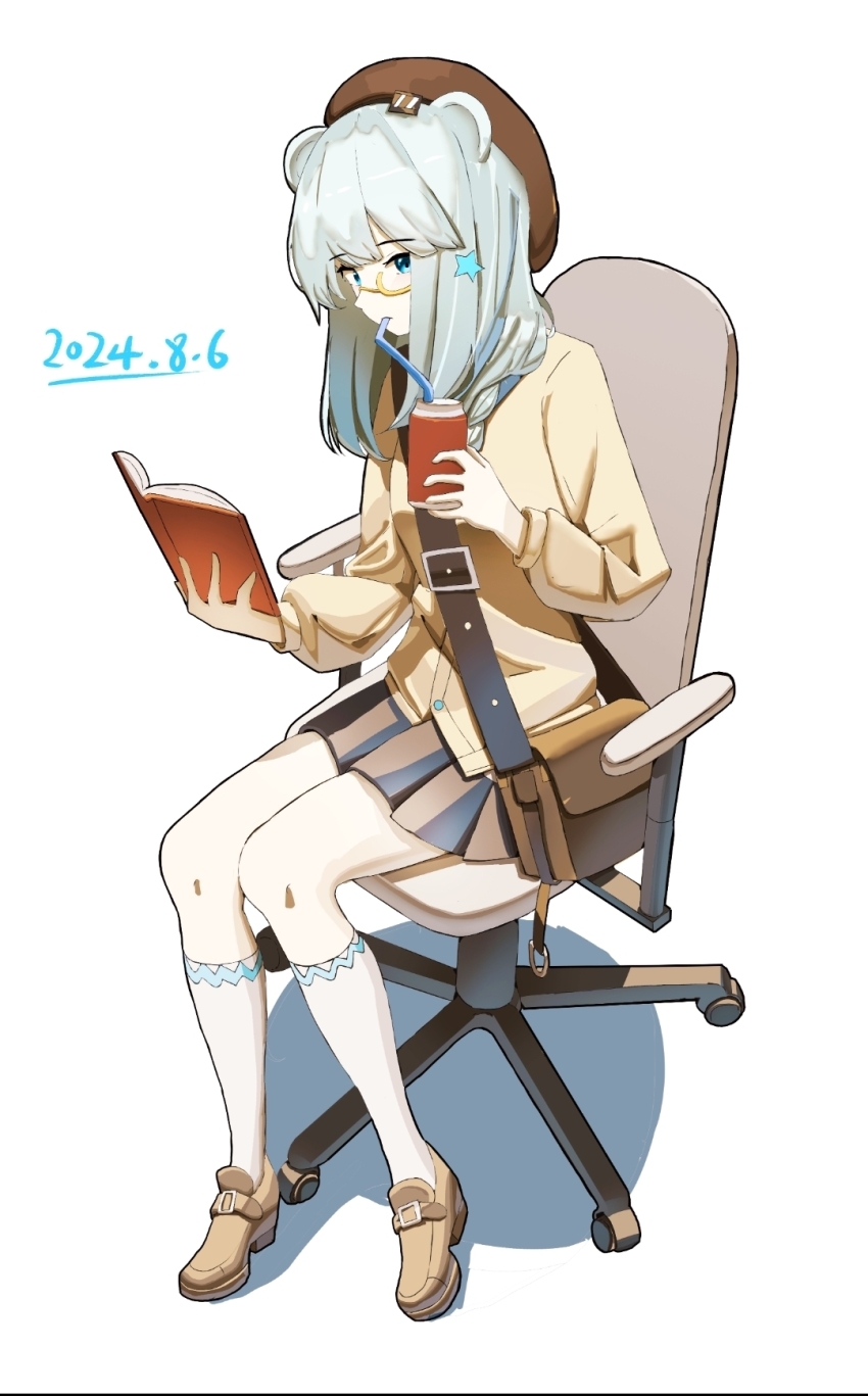 1girl 2024 animal_ears arknights bear_ears beret blue_eyes blue_hair book braid chair cup drinking drinking_straw hair_ornament hat highres holding holding_cup istina_(arknights) jacket long_hair long_sleeves looking_at_viewer monocle multicolored_hair on_chair shirt shoes skirt solo star_(symbol) star_hair_ornament streaked_hair user_jyux3852
