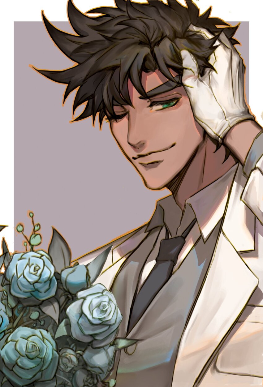 1boy battle_tendency blue_flower blue_rose brown_hair flower formal_clothes gloves green_eyes hand_in_own_hair highres jojo_no_kimyou_na_bouken joseph_joestar joseph_joestar_(young) male_focus necktie one_eye_closed rose smile solo suit suzuri513 suit vest waistcoat white_gloves white_suit