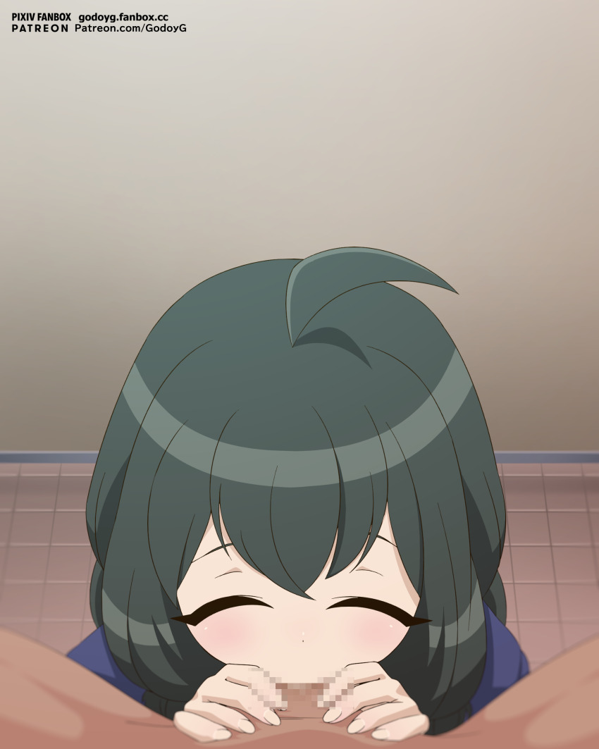 1boy 1girl ^_^ absurdres blue_jacket censored closed_eyes deepthroat fanbox_username felipe_godoy fellatio green_hair hetero highres indoors itan_private_high_school_uniform jacket komi-san_wa_komyushou_desu long_hair mosaic_censoring oral otori_kaede paid_reward_available patreon_username penis pov school_uniform tile_floor tiles winter_uniform