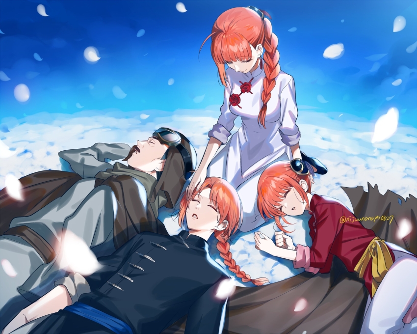 2boys 2girls arm_behind_head arm_up black_footwear black_jacket braid breasts brother_and_sister brown_hat bun_cover china_dress chinese_clothes closed_eyes closed_mouth commentary_request double_bun dress facial_hair father_and_daughter father_and_son gintama goggles goggles_on_head hair_bun hair_over_shoulder hat highres husband_and_wife jacket kagura_(gintama) kamui_(gintama) kouka_(gintama) long_hair lying medium_breasts mother_and_daughter mother_and_son multiple_boys multiple_girls mustache ninahachi on_back on_side orange_hair pants petals red_dress shoes short_sleeves siblings single_braid smile twitter_username umibouzu_(gintama) white_dress white_pants
