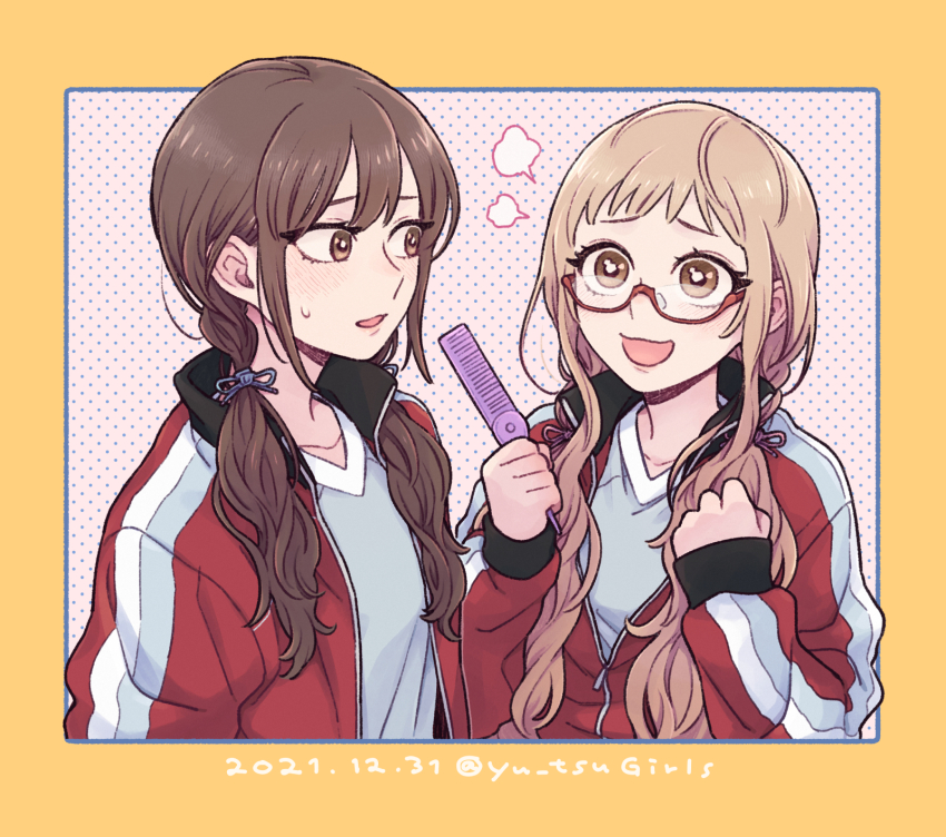 2girls alternate_hairstyle ano_fuji blonde_hair brown_hair comb dated glasses highres jacket multiple_girls okujou_no_yurirei-san pe88y_(yu_tsugirls) toomi_yuna twitter_username upper_body
