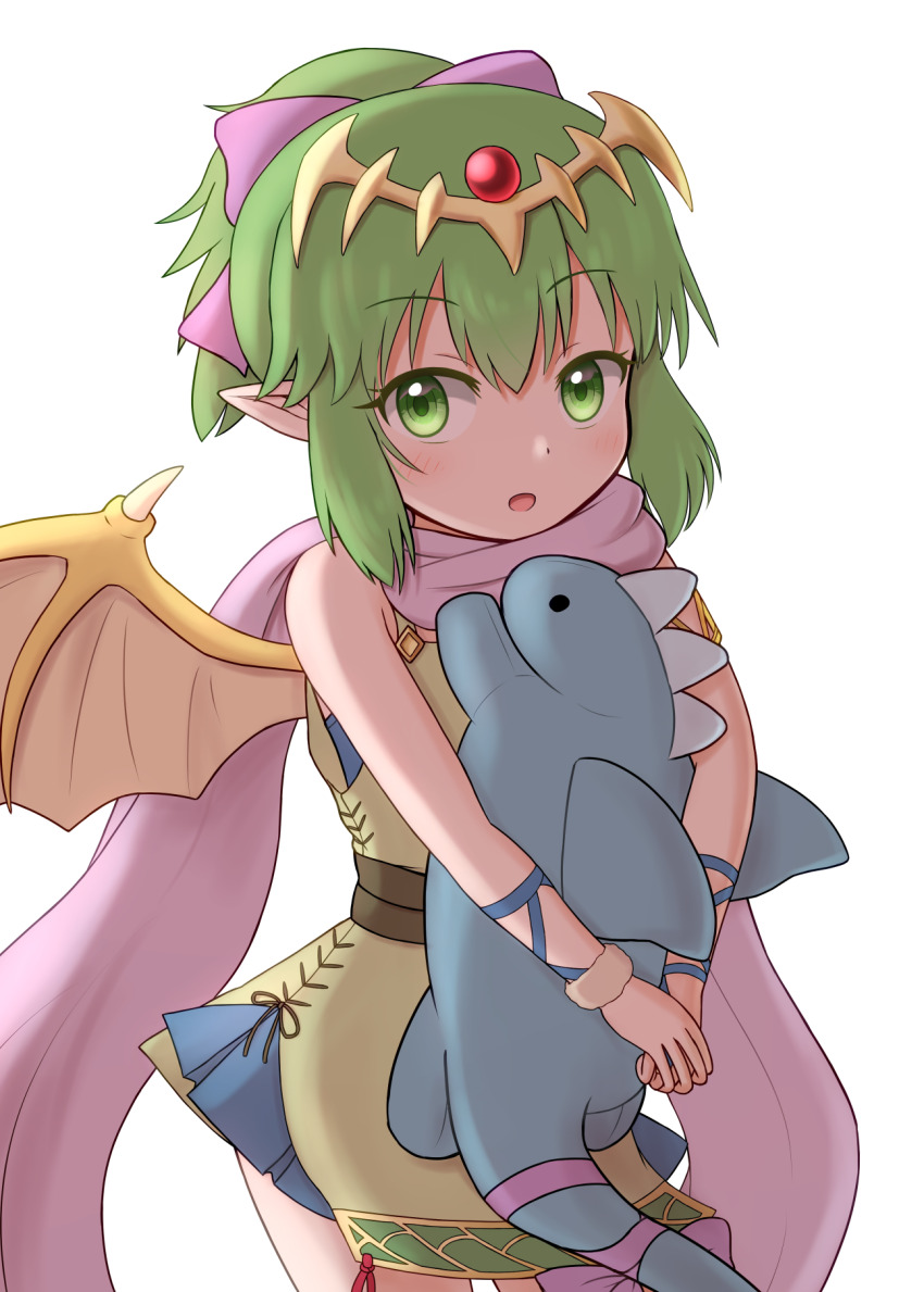 1girl bow child commentary_request dragon_girl dragon_wings fire_emblem fire_emblem:_mystery_of_the_emblem fire_emblem_heroes green_eyes green_hair hair_bow highres light_blush looking_at_viewer nintendo offencearmor-0131 official_alternate_costume open_mouth pink_scarf purple_bow scarf simple_background solo standing stuffed_animal stuffed_dragon stuffed_toy tiara tiki_(fire_emblem) tiki_(young)_(dragon&#039;s_progeny)_(fire_emblem) tiki_(young)_(fire_emblem) white_background wings