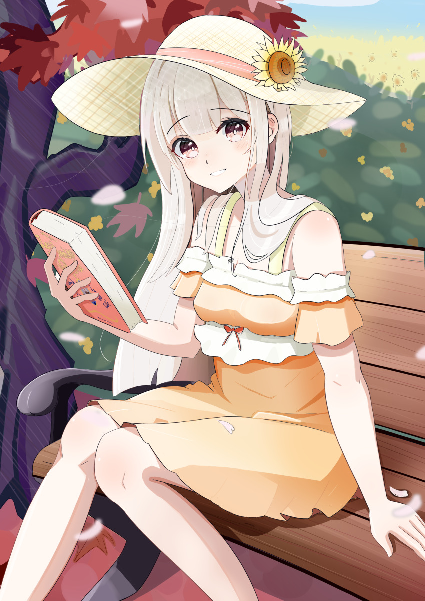 1girl absurdres bench book cherry_blossoms clanel_de_wargham dress flower frills hat hat_ribbon highres holding holding_book light_smile long_hair looking_at_viewer maple_tree non-web_source on_bench orange_dress orange_eyes original osmanthus red_ribbon ribbon sitting solo sun_hat sunflower tagme tree white_hair