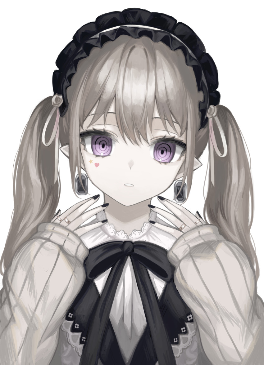 1girl absurdres black_bow black_bowtie black_nails blonde_hair bow bowtie commentary_request earrings facial_mark heart heart_facial_mark highres jewelry kkamkkam long_sleeves looking_at_viewer maid_headdress mark_under_eye nail_polish original parted_lips pointy_ears purple_eyes ringed_eyes sleeves_past_wrists star_(symbol) star_facial_mark sweater twintails upper_body white_background white_sweater