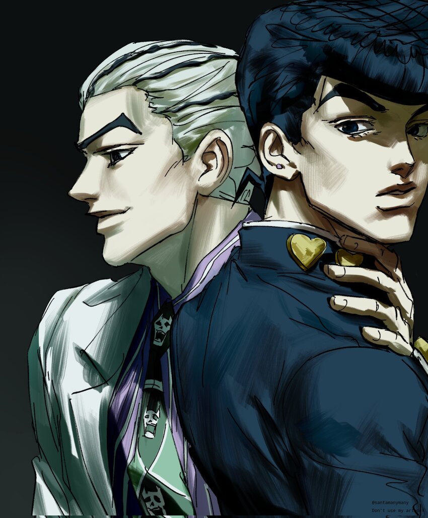 2boys black_eyes black_hair blue_eyes blue_hair diamond_wa_kudakenai earrings formal_clothes from_side gakuran grey_hair hand_on_another&#039;s_neck heart_ornament higashikata_josuke highres jacket jewelry jojo_no_kimyou_na_bouken kawajiri_kosaku kira_yoshikage male_focus multicolored_hair multiple_boys necktie pompadour print_necktie purple_shirt santamanymany school_uniform shirt striped_clothes striped_hair striped_shirt stud_earrings suit two-tone_hair vertical-striped_clothes vertical-striped_shirt white_jacket
