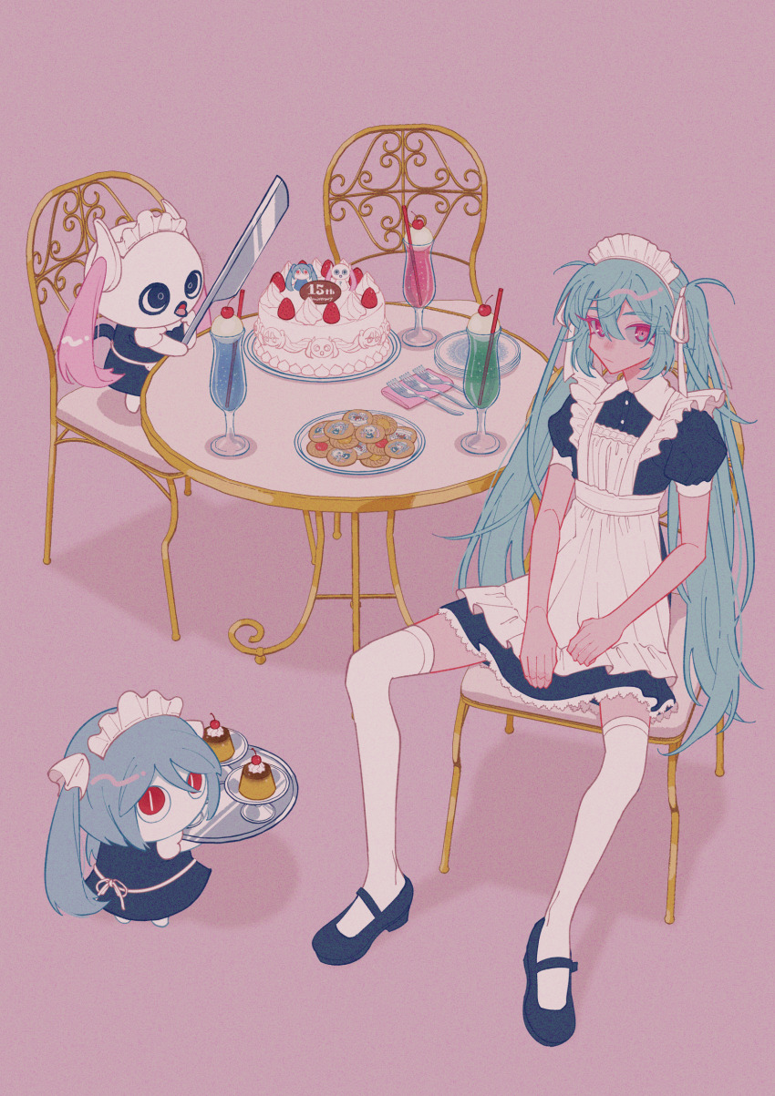 1girl absurdres aimaina anniversary apron aqua_hair between_legs black_dress black_eyes black_footwear black_lips cake chair cleaver closed_mouth cookie doushite-chan dress drinking_straw food fork fruit glass hair_between_eyes hand_between_legs hatsune_miku highres holding holding_cleaver holding_plate looking_at_viewer maid maid_apron maid_headdress mascot pink_background pink_eyes pink_hair plate pudding red_eyes sidelocks simple_background sitting socks spread_legs strawberry table twintails unijirou vocaloid white_socks