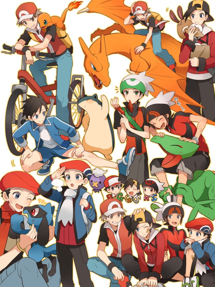 6+boys ^_^ alternate_costume backpack backwards_hat bad_id bad_twitter_id bag bandaid bandaid_on_cheek bandaid_on_face bandaid_on_knee bandaid_on_leg baseball_cap beret bicycle black_hair blue_eyes breath brendan_(pokemon) brendan_(pokemon_emerald) brendan_(pokemon_oras) brown_eyes brown_hair carrying charizard charmander closed_eyes drifloon eating ethan_(pokemon) fingerless_gloves fire flame-tipped_tail food food_on_face gen_1_pokemon gen_2_pokemon gen_3_pokemon gen_4_pokemon gloves green_eyes grey_eyes grin gym_shorts gym_uniform hand_on_another&#039;s_head hat highres injury jacket looking_at_another looking_at_viewer lucas_(pokemon) male_focus multiple_boys multiple_persona multiple_views nintendo orange_gloves outline picking_up pokemon pokemon_(creature) pokemon_dppt pokemon_gsc pokemon_hgss pokemon_oras pokemon_rgby pokemon_rse red_(pokemon) red_(pokemon_frlg) riding riding_pokemon riolu scarf sceptile sentret shoes short_hair short_sleeves shorts shoulder_carry simple_background sitting smile sneakers steamed_bun stretching tail track_jacket typhlosion white_background yukin_(es)