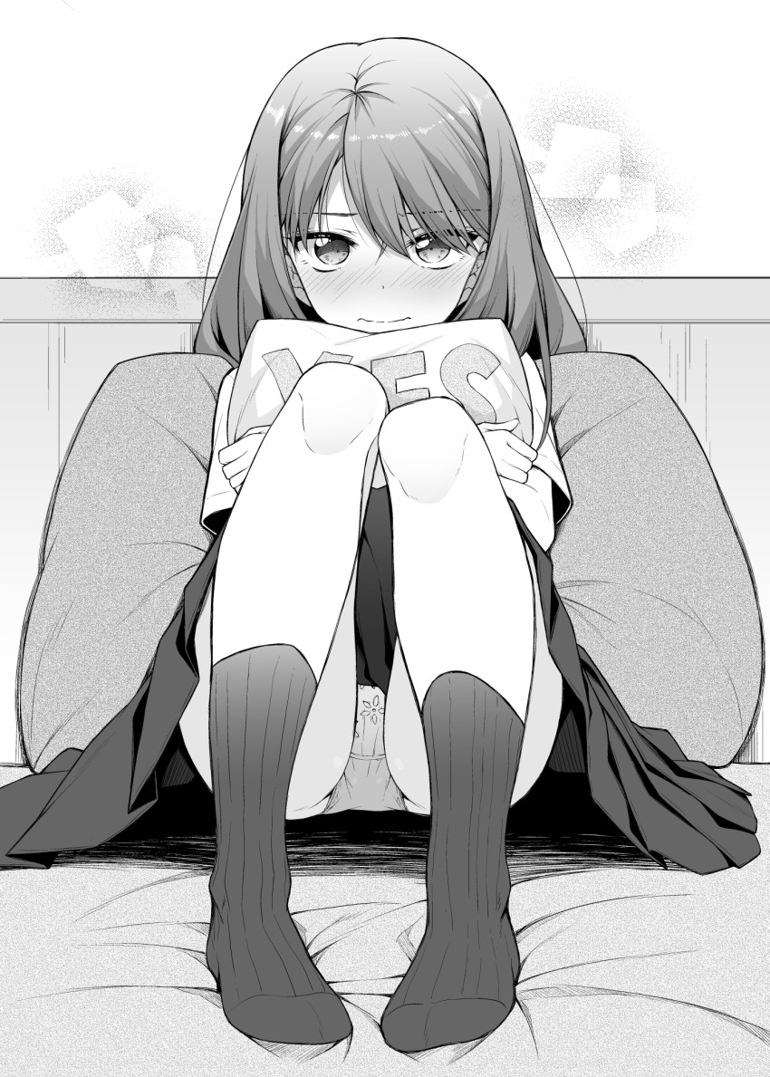1girl blush closed_mouth commentary_request crotch_seam dot_nose flashing floral_print floral_print_panties full_body greyscale hair_between_eyes highres hugging_object ina_(inadahime) knees_up long_bangs long_hair monochrome no_shoes nose_blush on_bed original panties pigeon-toed pillow pleated_skirt print_panties ribbed_socks shirt short_sleeves sitting skirt socks solo underwear yes-no_pillow
