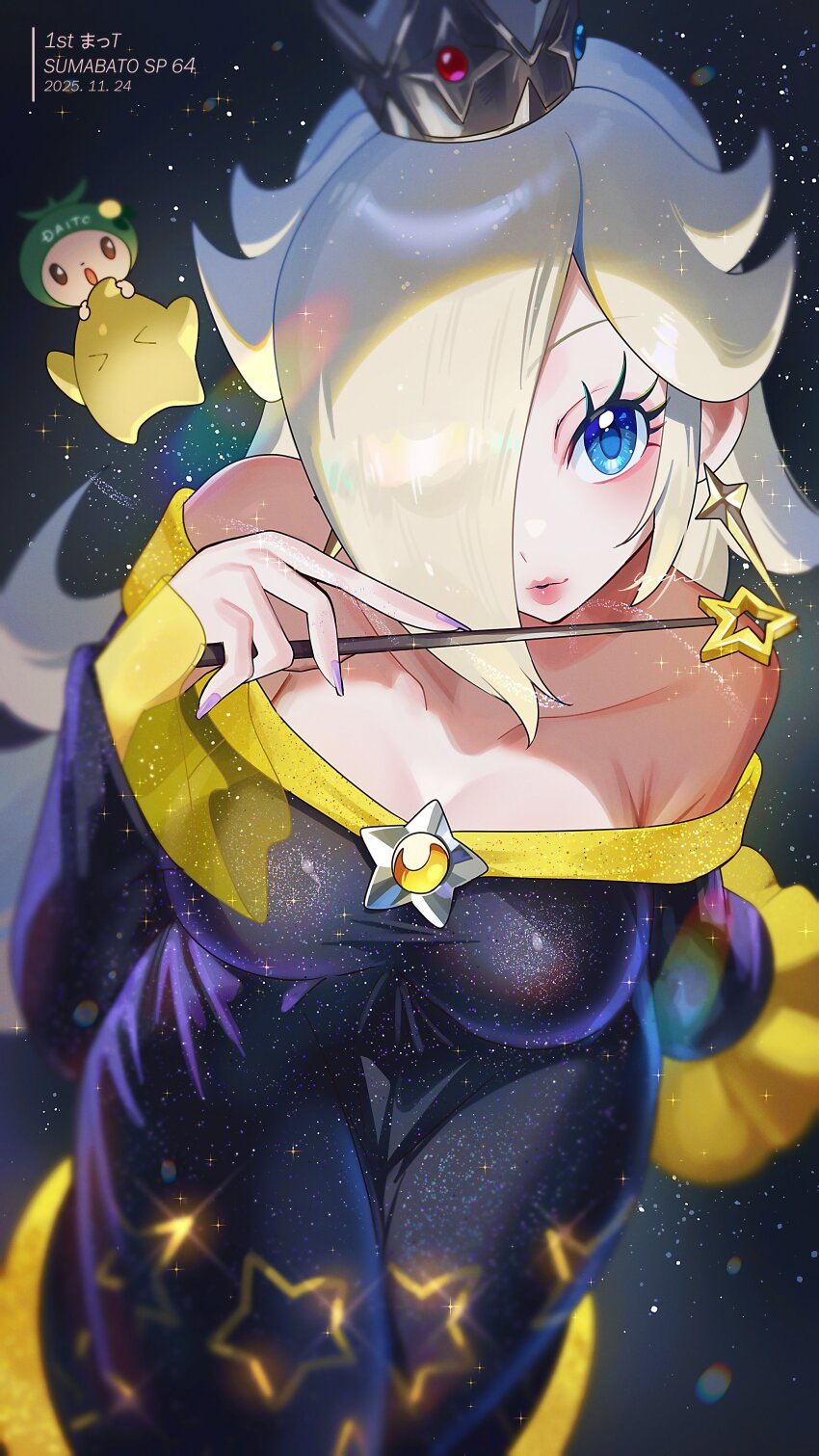 &gt;_&lt; 1girl absurdres alternate_color bare_shoulders black_dress blonde_hair blue_eyes blush breasts brooch character_request closed_eyes collarbone commentary crown dress earrings grey_crown hair_over_one_eye highres holding holding_wand jewelry large_breasts long_hair long_sleeves looking_at_viewer luma_(mario) mario_(series) nintendo off-shoulder_dress off_shoulder parted_lips rosalina silver_crown space star_(symbol) star_brooch star_earrings star_wand super_mario_galaxy super_smash_bros. symbol-only_commentary wand yasaikakiage