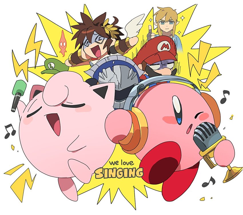 3boys @_@ blonde_hair blue_eyes blue_hair broken_mask brown_hair closed_eyes commentary_request covering_own_ears english_text gen_1_pokemon green_hat hat headphones jigglypuff kid_icarus kirby kirby_(series) korean_commentary link luigi male_focus mario mario_(series) mask meta_knight microphone multiple_boys musical_note nintendo nt_26 one_eye_closed open_mouth pikmin_(series) pit_(kid_icarus) pokemon pokemon_(creature) red_hat shaded_face simple_background sparkle super_smash_bros. the_legend_of_zelda thumbs_up white_background wings