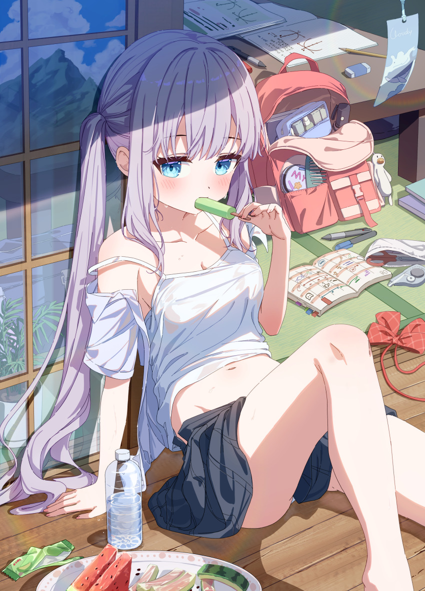 1girl absurdres arm_support backpack bag bag_charm black_skirt blue_eyes blue_sky blush book bottle breasts camisole charm_(object) cleavage cloud commentary_request day eating eraser food food_in_mouth fruit highres holding holding_food holding_popsicle house knee_up long_hair looking_at_viewer mountain navel notebook open_book original panties panty_peek pen pencil plastic_bottle plate popsicle popsicle_in_mouth purple_hair red_ribbon reflection ribbon seero shouji sidelocks skirt sky slice_of_life sliding_doors small_breasts solo strap_slip summer table tatami twintails underwear unworn_ribbon very_long_hair water_bottle watermelon watermelon_slice white_camisole white_panties