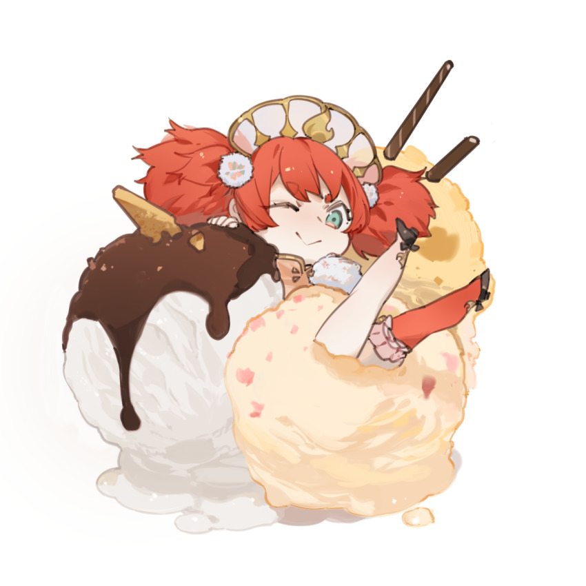 1girl ;) aqua_eyes black_footwear character_request chibi code009 crumbs food food_request hair_ornament hat ice_cream ice_cream_cone in_food legs_up looking_away mini_person minigirl one_eye_closed orange_hair orange_thighhighs pocky pom_pom_(clothes) pom_pom_hair_ornament shanhai_jing_hua sidelocks simple_background single_thighhigh smile solo thighhighs triple_scoop twintails white_background