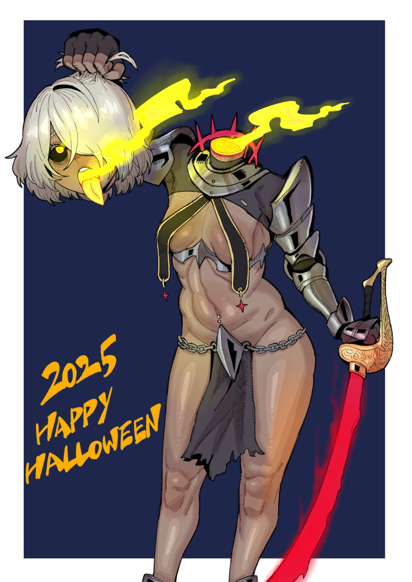 1girl absurdres arm_armor black_sclera breast_curtains breasts colored_sclera dark-skinned_female dark_skin disembodied_head dullahan ebonyxh eylin_eyla_(ebonyxh) halloween happy_halloween highres holding holding_sword holding_weapon loincloth medium_breasts original saber_(weapon) short_hair solo sword weapon white_hair