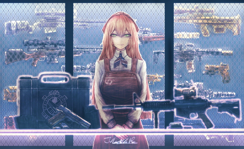 1girl apron armory assault_rifle brown_apron girls&#039;_frontline girls&#039;_frontline_2:_exilium gun gun_rack handgun highres jhands_onpc john_wick looking_at_viewer magazine_(weapon) rifle scene_reference scope sniper_rifle solo springfield_(girls&#039;_frontline) suitcase weapon weapon_request