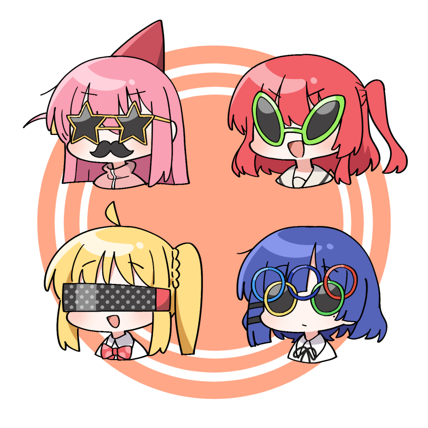 4girls ahoge blonde_hair blue_hair bocchi_the_rock! bow bowtie chibi commentary cropped_shoulders facing_viewer fake_facial_hair fake_mustache glasses gotoh_hitori green-framed_eyewear groucho_glasses hair_ornament hairclip highres ijichi_nijika junsuina_fujunbutsu kita_ikuyo multiple_girls novelty_glasses olympic_rings pink_hair rectangular_eyewear red_bow red_bowtie red_hair star-shaped_eyewear star_(symbol) sunglasses symbol-only_commentary yamada_ryo yellow-framed_eyewear