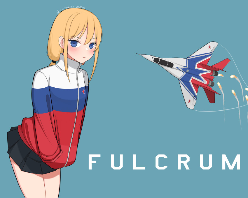 1girl aircraft airplane artist_name atamonica blonde_hair blue_eyes commentary cowboy_shot dated english_commentary english_text hands_in_pockets highres jacket jet long_sleeves looking_at_viewer mig-29 military miniskirt original personification pleated_skirt skirt solo twintails vehicle_and_personification