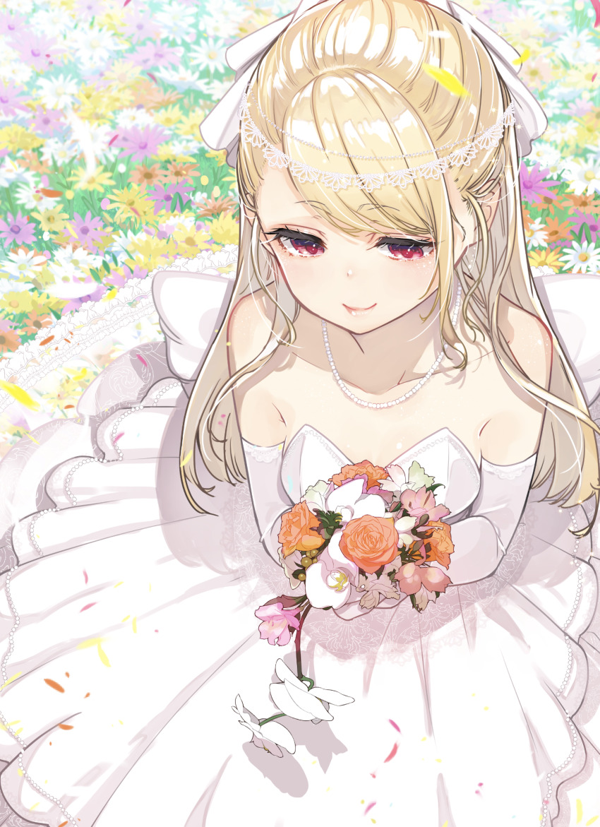1girl amane_lily averting_eyes azuma_sawayoshi bare_shoulders blonde_hair blush bouquet breasts collarbone cover cover_page day dress elbow_gloves embroidered_dress embroidery falling_petals flower flower_bed flower_request frills from_above gem gloves hair_ribbon head_chain highres holding holding_bouquet jewelry lace lace-trimmed_gloves lace_trim light_blush long_hair looking_ahead manga_cover necklace nose_blush official_art on_ground orange_flower orange_petals orange_rose oroka_na_tenshi_wa_akuma_to_odoru outdoors pearl_(gemstone) pearl_necklace pearl_trim petals pink_flower pink_lips purple_flower purple_petals red_eyes ribbon rose side_part sitting sleeveless sleeveless_dress small_breasts smile solo textless_version wedding_dress white_dress white_flower white_gloves white_ribbon yellow_flower yellow_petals