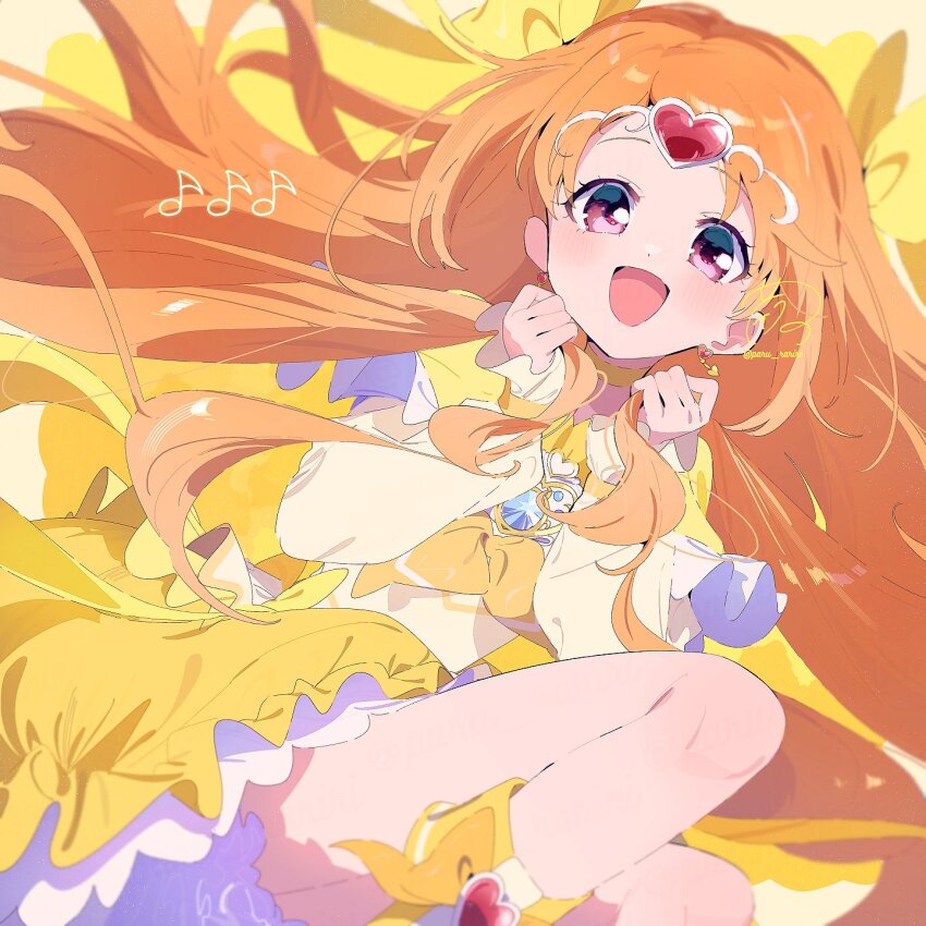 1girl bare_legs boots border bow bow_skirt bubble_skirt capelet choker circlet clenched_hands commentary_request cure_muse_(yellow) dot_nose earrings eyelashes feet_out_of_frame floating_earring floating_hair footwear_bow frilled_skirt frilled_sleeves frills gold_earrings hair_bow happy heart heart_earrings highres jewelry long_hair long_sleeves looking_at_viewer magical_girl miniskirt musical_note neckerchief open_mouth orange_hair outside_border paru_rari petticoat pink_eyes precure puffy_long_sleeves puffy_sleeves shirabe_ako shirt signature skirt sleeves_past_wrists smile solo squatting suite_precure tareme twitter_username very_long_hair yellow_background yellow_boots yellow_border yellow_bow yellow_capelet yellow_choker yellow_neckerchief yellow_shirt yellow_skirt yellow_theme