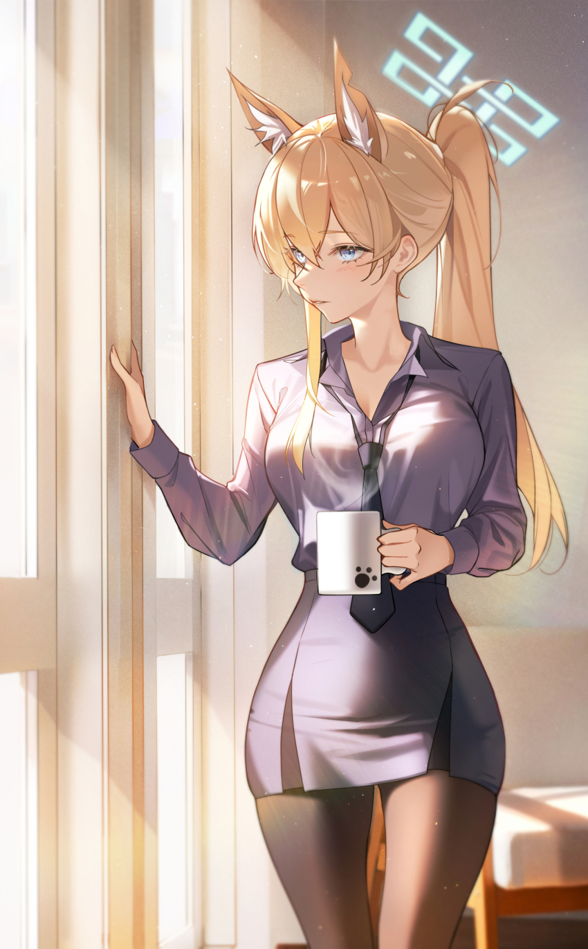 1girl absurdres alternate_hairstyle animal_ear_fluff animal_ears black_necktie black_pantyhose blonde_hair blue_archive blue_eyes blue_shirt blue_skirt coffee_mug cup dog_ears dog_girl dong_(art_woodong) hair_over_one_eye highres holding holding_cup kanna_(blue_archive) long_hair looking_to_the_side mug necktie pantyhose parted_lips ponytail shirt sidelocks skirt smile