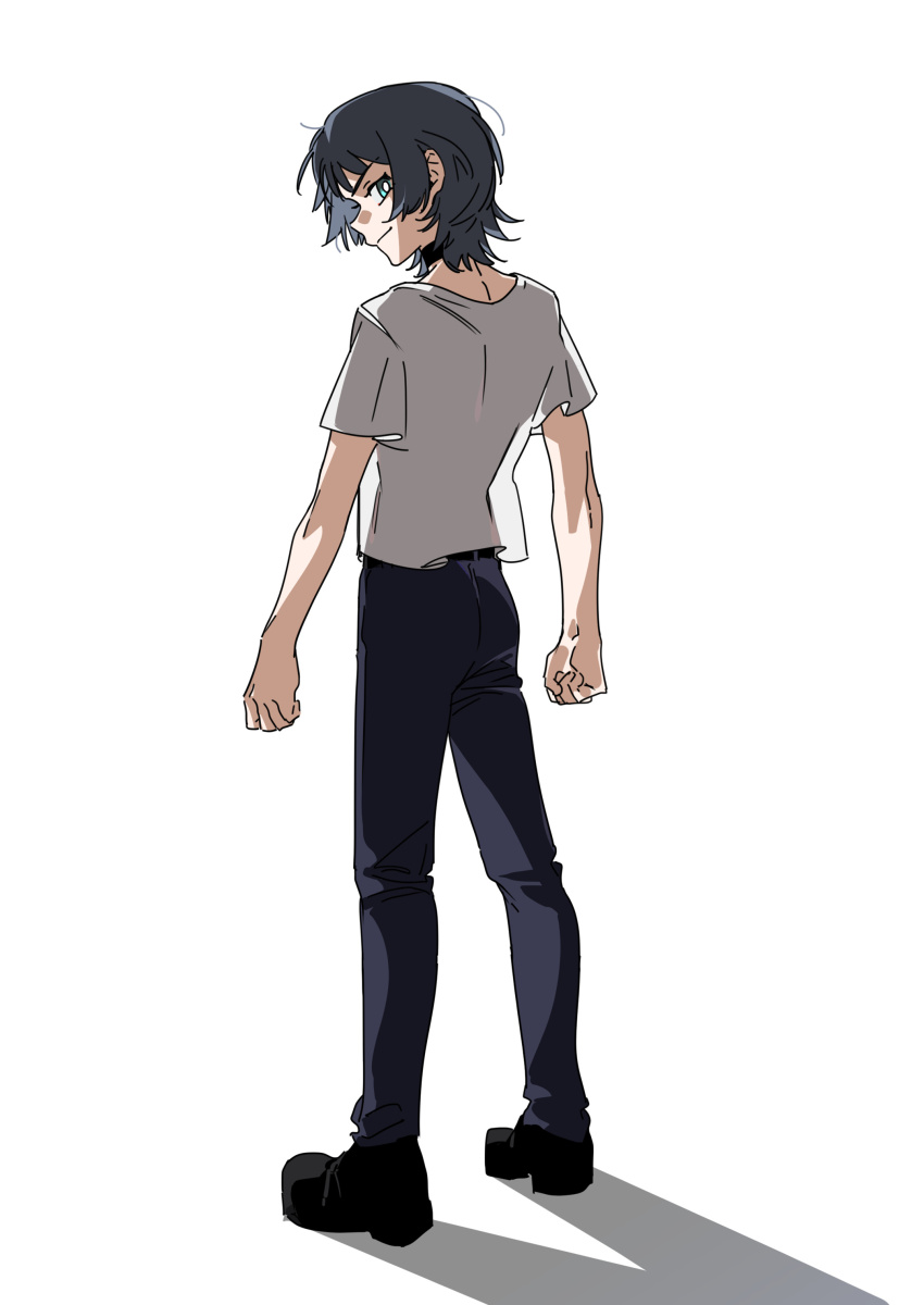 1girl absurdres aged_down bang_dream! bang_dream!_it&#039;s_mygo!!!!! black_choker black_hair black_shoes blue_eyes blue_pants choker commentary_request full_body highres molu_stranger pants shirt shoes short_hair short_sleeves simple_background solo standing white_background white_shirt yahata_umiri