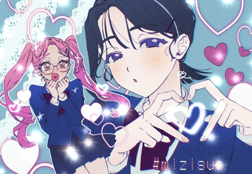 2girls four-finger_heart_hands :o alien_stage black_skirt blue_background blue_jacket blush bow bowtie collared_shirt glasses hair_ornament hairclip heart heart-shaped_pupils heart_hands heart_in_mouth jacket kuzumiya_yuyu lace long_hair low_ponytail mizi_(alien_stage) multiple_girls official_alternate_costume open_mouth pink_hair ponytail purple_bow purple_bowtie purple_eyes round_eyewear school_uniform shirt short_hair short_ponytail skirt star_(symbol) star_hair_ornament sua_(alien_stage) symbol-shaped_pupils twintails very_long_hair white_shirt yellow_eyes yuri