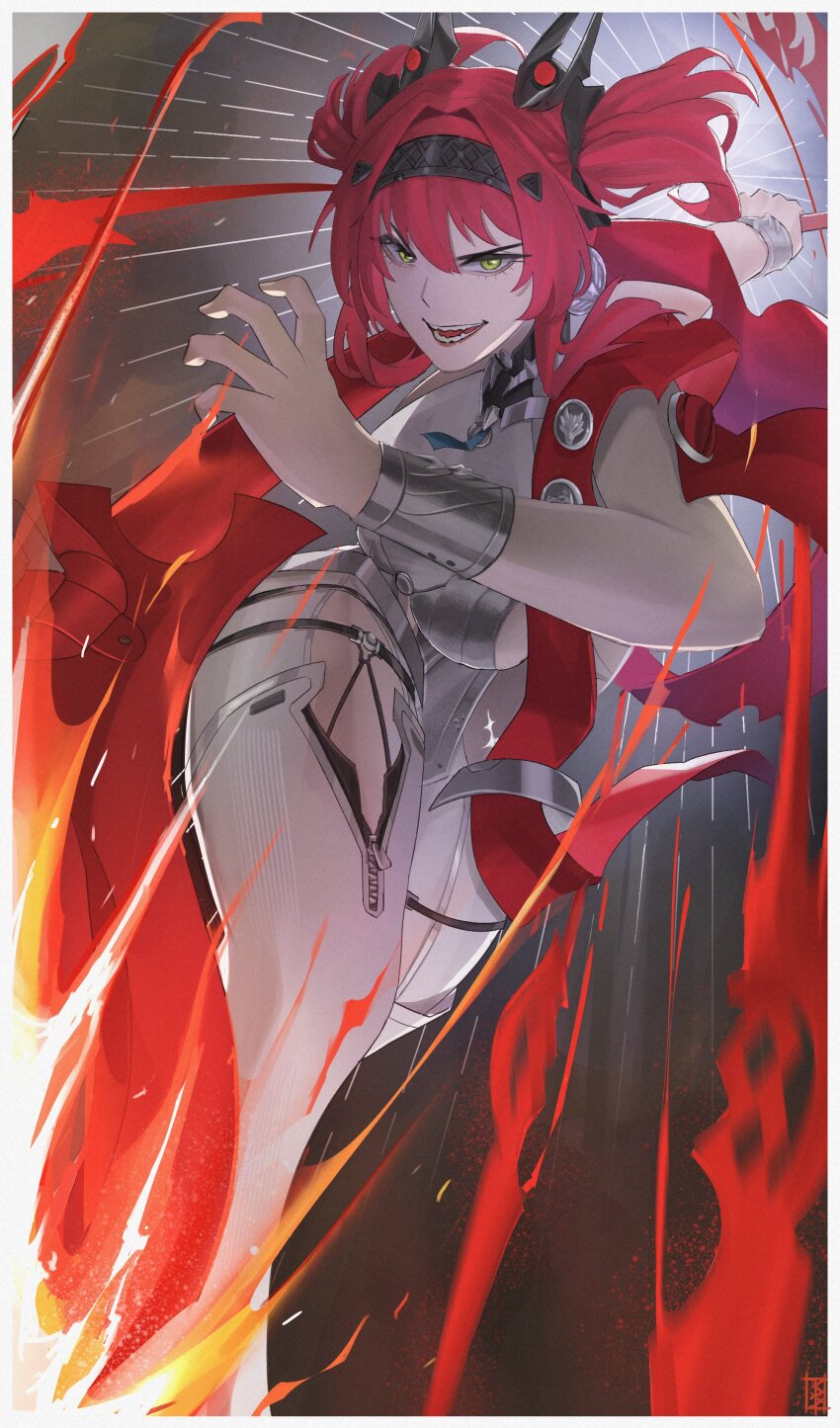 1girl absurdres armor black_bow boots bow breastplate breasts collar commentary earrings hair_between_eyes hair_bow hair_ornament hairband hand_up headgear highres holding holding_polearm holding_weapon jewelry kuraasa_5 long_hair looking_at_viewer lupa_(wuthering_waves) medium_breasts metal_collar metal_hairband multiple_hair_bows polearm red_hair red_sash sash smile solo symbol-only_commentary tacet_mark_(wuthering_waves) thigh_boots weapon white_boots wrist_guards wuthering_waves yellow_eyes