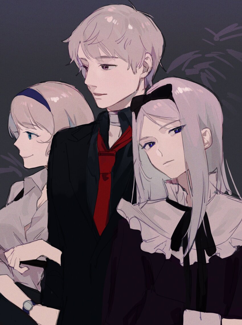 1boy 2girls absurdres aqua_eyes axis_powers_hetalia bandaged_neck bandages belarus_(hetalia) black_bow black_dress black_hairband black_jacket black_ribbon black_shirt blue_eyes blue_hairband bow bow_hairband breasts brother_and_sister closed_mouth collared_shirt commentary_request dress grey_background grey_hair grey_shirt hair_bow hairband highres jacket lapels large_breasts long_hair long_sleeves looking_at_viewer looking_to_the_side magatama_(magatama_111) multiple_girls neck_ribbon necktie open_mouth purple_eyes red_necktie ribbon russia_(hetalia) shirt short_hair siblings simple_background sisters smile suit_jacket ukraine_(hetalia) upper_body watch wristwatch