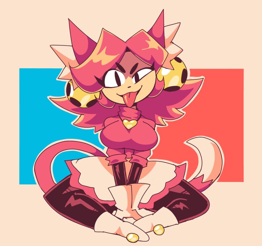 1girl animal_ear_fluff animal_ears bell black_eyes boots breasts cat_ears cat_girl cat_tail commentary dot_nose english_commentary gloves hair_bell hair_ornament heart heart_necklace highres jewelry large_breasts mad_mew_mew necklace pink_hair pink_shirt pink_trim shirt sitting skirt solo tail thick_eyebrows tommy_tornad0 tongue tongue_out turtleneck turtleneck_shirt undertale white_boots white_gloves white_skirt