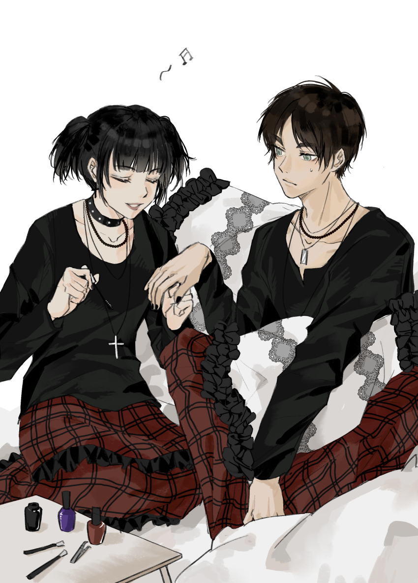 1boy 1girl absurdres alternate_universe applying_manicure black_hair black_nails black_shirt brown_hair closed_eyes cosmetics eren_yeager goth_fashion highres holding_hands long_sleeves mikasa_ackerman multiple_necklaces musical_note nail_polish nail_polish_bottle official_alternate_costume painting_nails pants parted_bangs parted_lips plaid_clothes plaid_pants plaid_skirt shingeki_no_kyojin shirt short_twintails sitting skirt smile spoken_musical_note studded_choker sweatdrop tweezers twintails white_background zhuse_fuxianqing