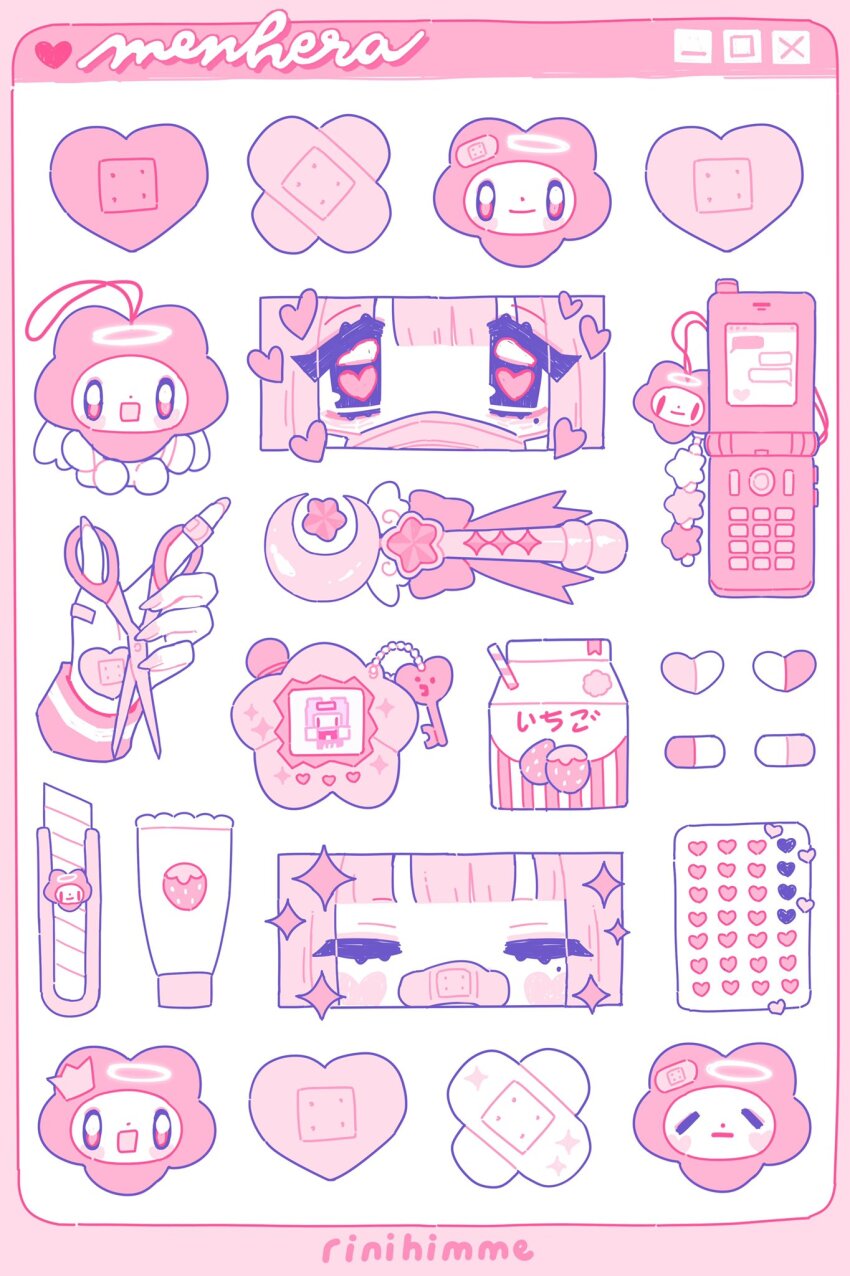 1girl apollo_(rinihimme) artist_name bandaid cellphone cellphone_charm charm_(object) commentary crescent english_commentary english_text flip_phone halo heart heart-shaped_bandaid highres holding holding_scissors key original phone pill pink_theme rinihimme scissors star_(symbol) sticker_(medium) sticker_sheet tamagotchi tamagotchi_(virtual_pet) tamagotchi_plus virtual_pet_(toy) wand window_(computing) yami_kawaii yume_kawaii