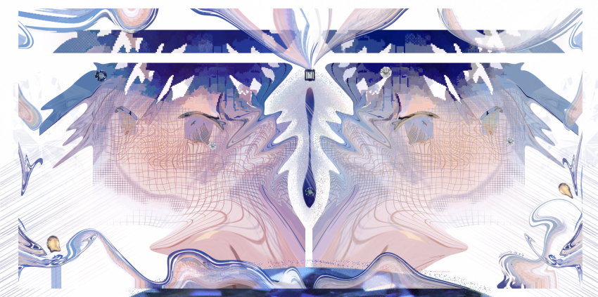 1girl abstract absurdres blue_gemstone blue_hair colored_eyelashes commentary english_commentary eye_reflection gem highres mikasamu original reflection solo white_background