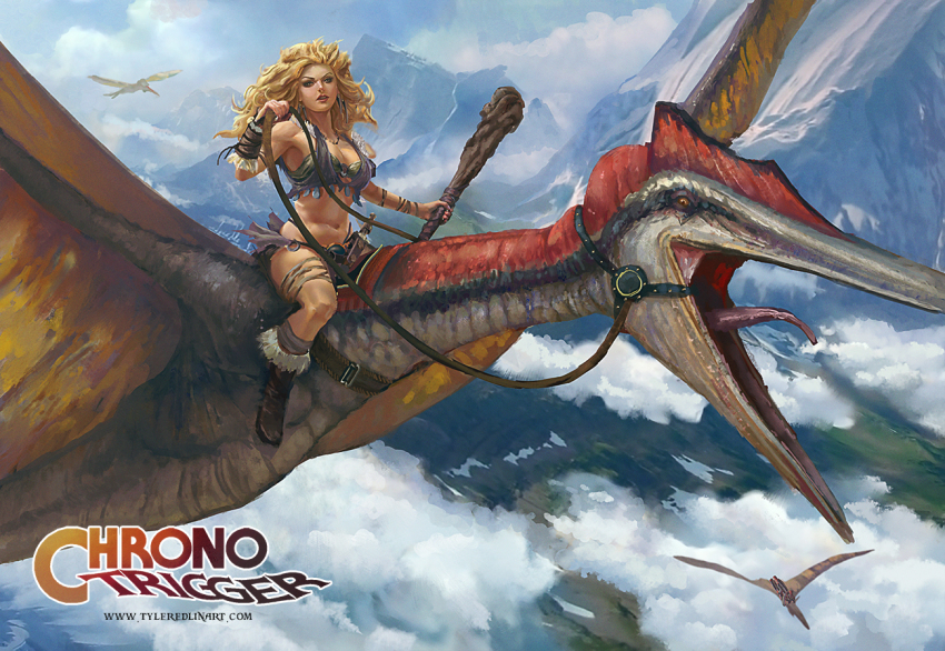1990s_(style) 1girl ayla_(chrono_trigger) blonde_hair blue_eyes breasts chrono_(series) chrono_trigger cleavage cloud club_(weapon) copyright_name curly_hair day dinosaur female_focus large_breasts long_hair mace mountain prehistoric_animal pterosaur retro_artstyle riding riding_dinosaur sky solo square_enix tyler_edlin weapon