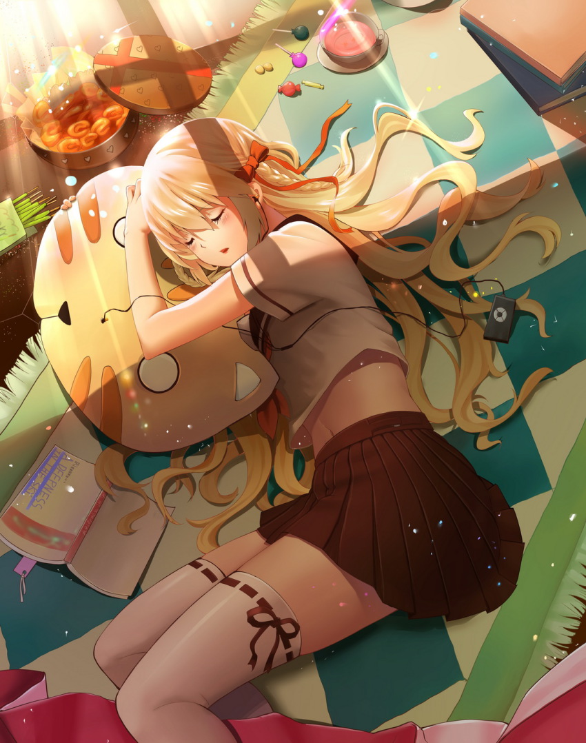 1girl blonde_hair book book_stack bow candy catcan closed_eyes cookie cup digital_media_player female_focus food hair_bow hair_ribbon highres ipod lollipop long_hair lying midriff navel on_side pillow pleated_skirt ribbon rug shade skirt sleeping solo thighhighs white_thighhighs wrapped_candy zettai_ryouiki