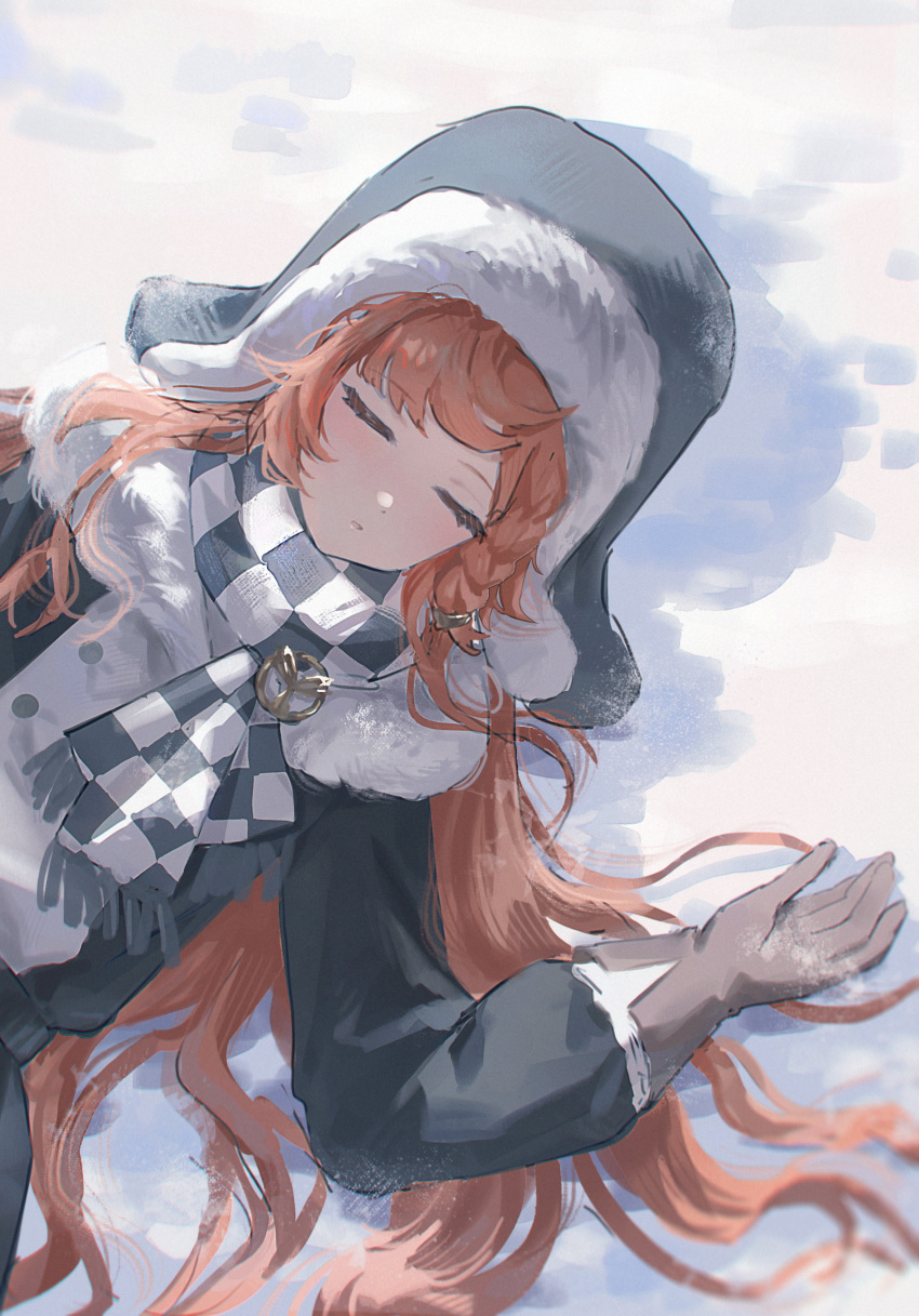 1girl absurdres brown_gloves checkered_clothes checkered_scarf closed_eyes coat from_above gloves grey_coat grey_hat hair_spread_out hand_up hat highres long_hair lying official_alternate_costume on_back orange_hair reverse:1999 scarf snow solo sonetto_(reverse:1999) upper_body ushanka yukiri_(l_ii)