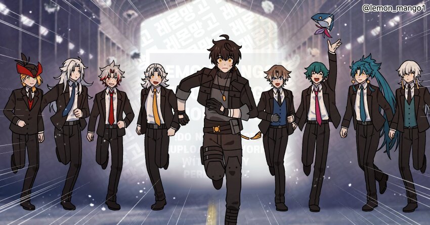 6+boys aalto_(wuthering_waves) aqua_vest arm_up black_footwear black_jacket black_pants blonde_hair blue_eyes blue_hair blue_necktie blue_vest brant_(wuthering_waves) calcharo_(wuthering_waves) collared_shirt cristoforo_(wuthering_waves) earrings geshu_lin_(wuthering_waves) hair_intakes hat highres jacket jewelry jiyan_(wuthering_waves) lapels lemon_mango1 long_hair male_rover_(wuthering_waves) multicolored_hair multiple_boys necktie notched_lapels open_mouth pants pink_necktie ponytail red_eyes red_hair rover_(wuthering_waves) running scar_(wuthering_waves) shirt shoes smile streaked_hair tassel tassel_earrings very_long_hair vest white_shirt wuthering_waves xiangli_yao_(wuthering_waves) yellow_necktie