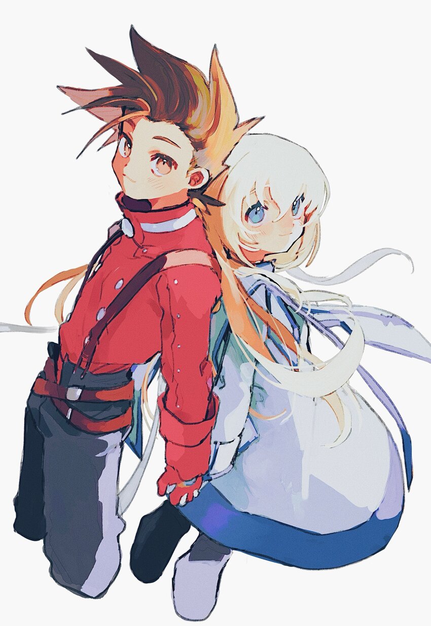 1boy 1girl absurdres back-to-back belt blonde_hair blue_eyes brown_eyes brown_hair colette_brunel gloves highres holding_hands lloyd_irving long_coat long_hair multiple_belts nancykittyu red_gloves red_shirt shirt short_hair smile spiked_hair suspenders tales_of_(series) tales_of_symphonia white_background